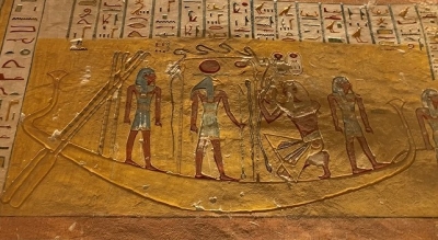 Wandbild Sonnengott auf einer Barke aus dem Grab Ramses VII., Luxor, Tal der Könige. 