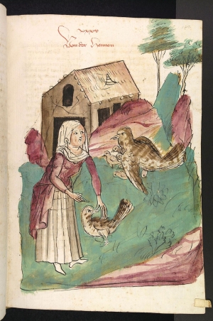 Frau mit Hühnern aus dem Buch der Natur von Konrad von Megenberg (1309-1374), Heidelberger Handschrift von ca. 1443-1451 (Mit freundlicher Genehmigung der Universitätsbibliothek Heidelberg).