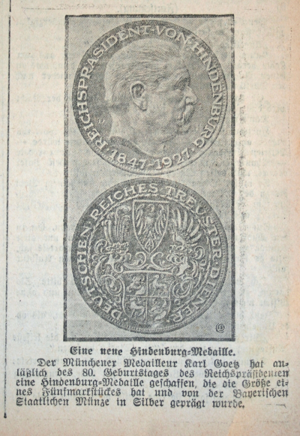 Im Wolfhager Kreisblatt wurde die Medaille beworben. Ausschnitt aus: Wolfhager Kreisblatt vom 04.10.1927